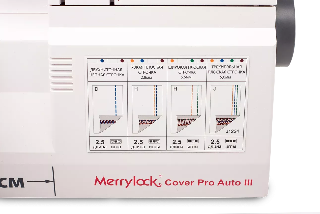 Merrylock Cover Pro Auto III — подсказки и таблица настроек на корпусе