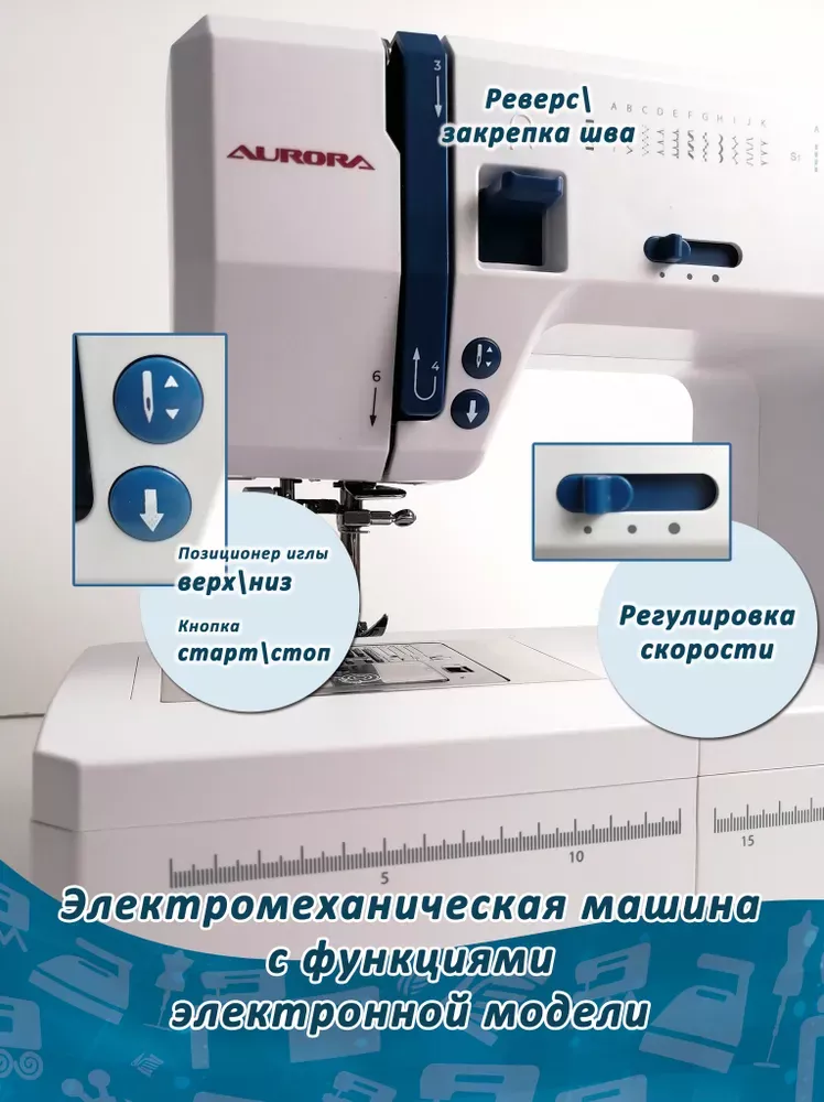 Aurora ШвейДом Professional — кнопки реверса, старт-стоп и регулировка скорости