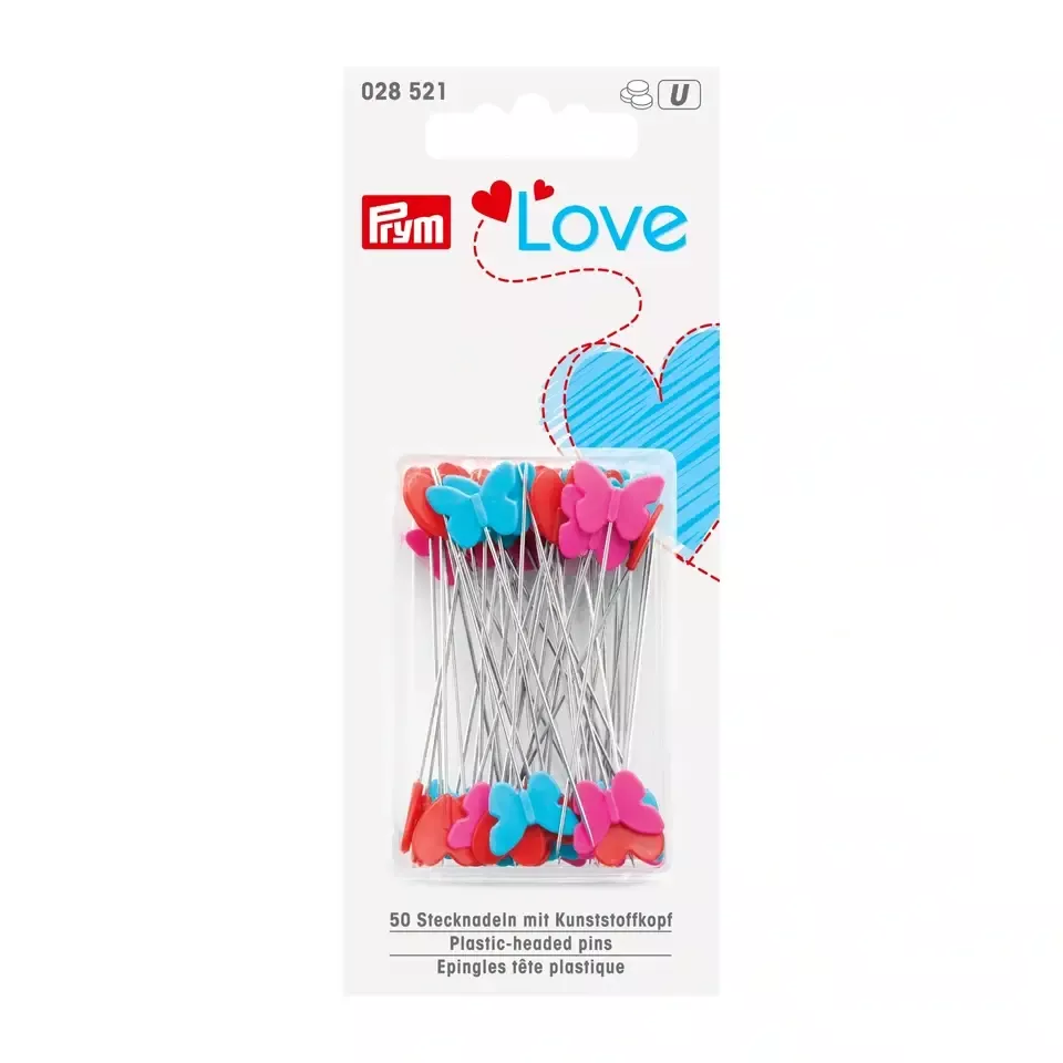 028521 Булавки Prym Love с пластиковыми головками (сердечки/бабочки) 50 х 0,6 мм 50 шт., Prym